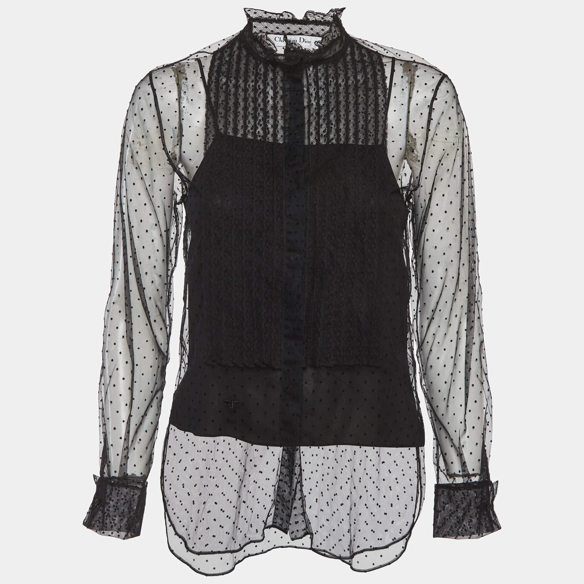 Pre Owned Christian Dior Black Plumetis Tulle Sheer Blouse S