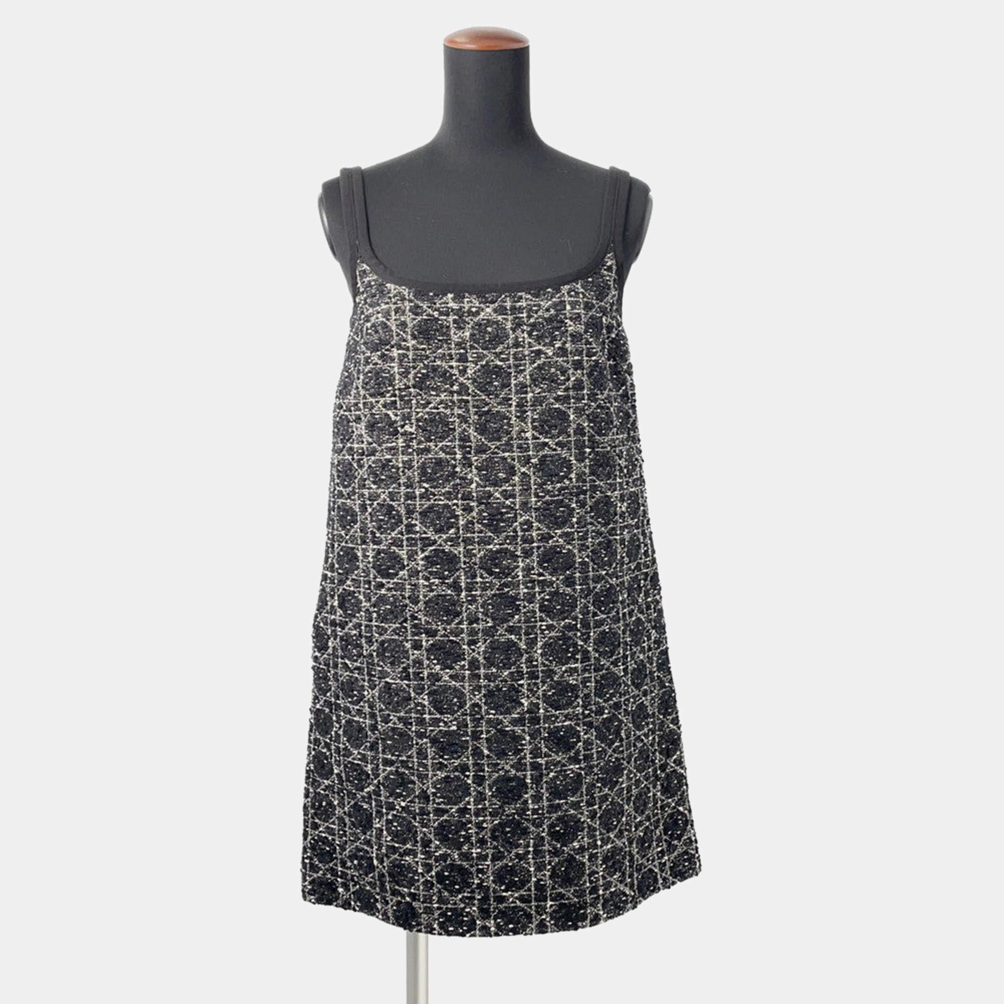 Pre Owned Dior Macrocannage Tweed Short Flare Dress Size 34 Black