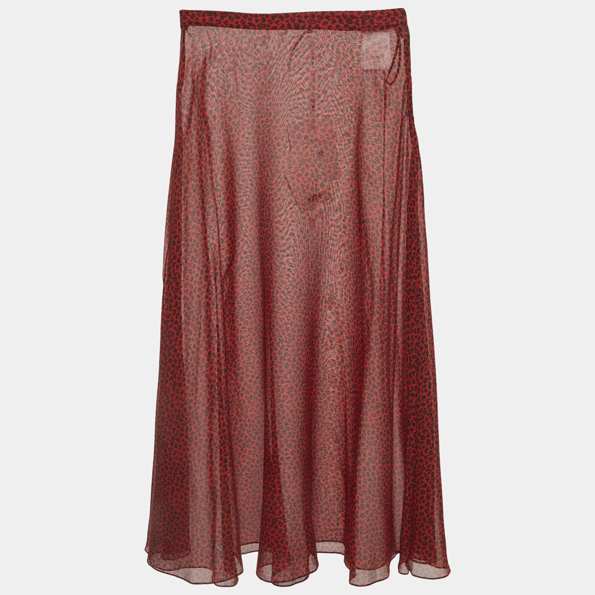 Pre Owned Christian Dior Red Leopard Print Silk Flared Midi Skirt S