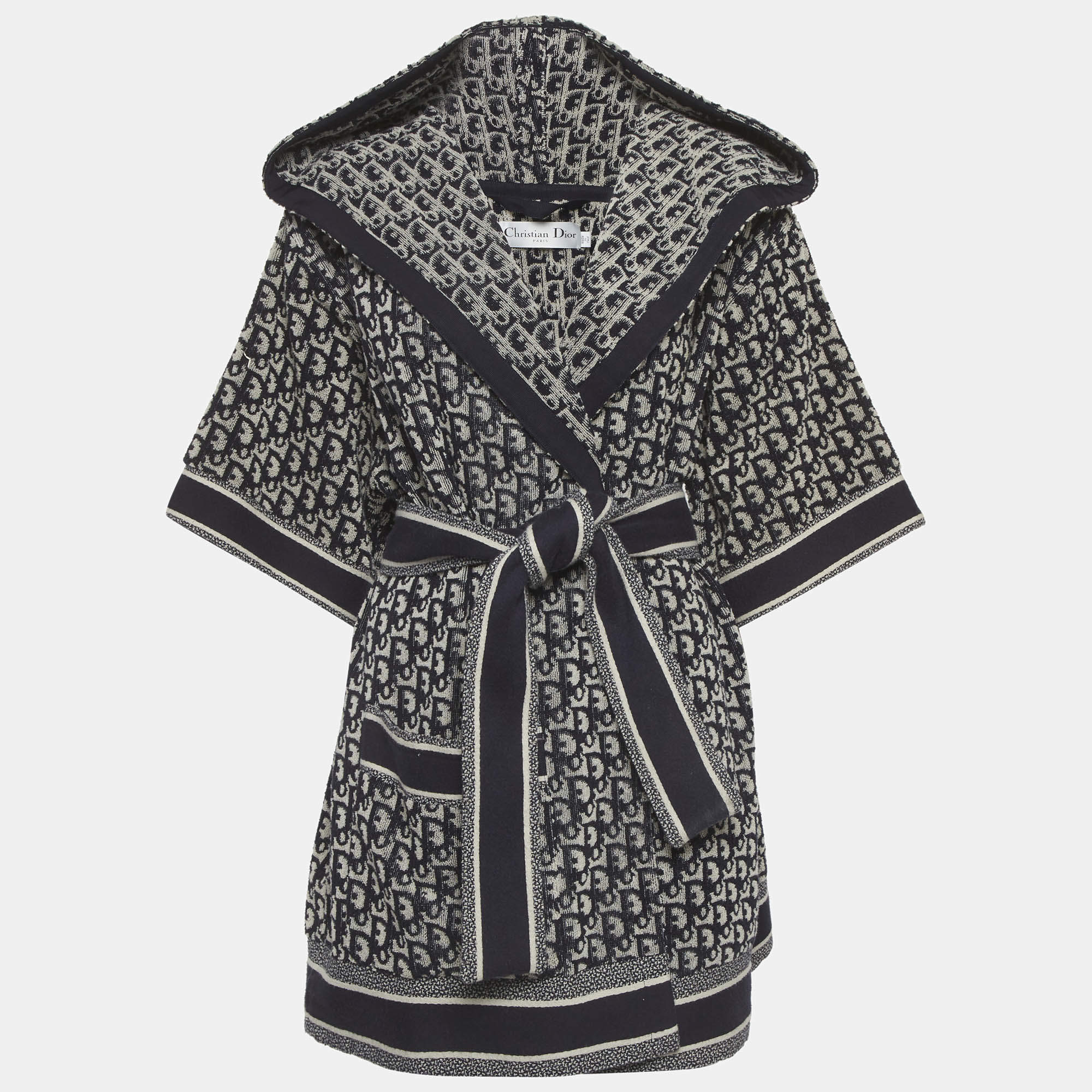 Pre Owned Christian Dior Navy blue Oblique Terry Short Hooded Robe M