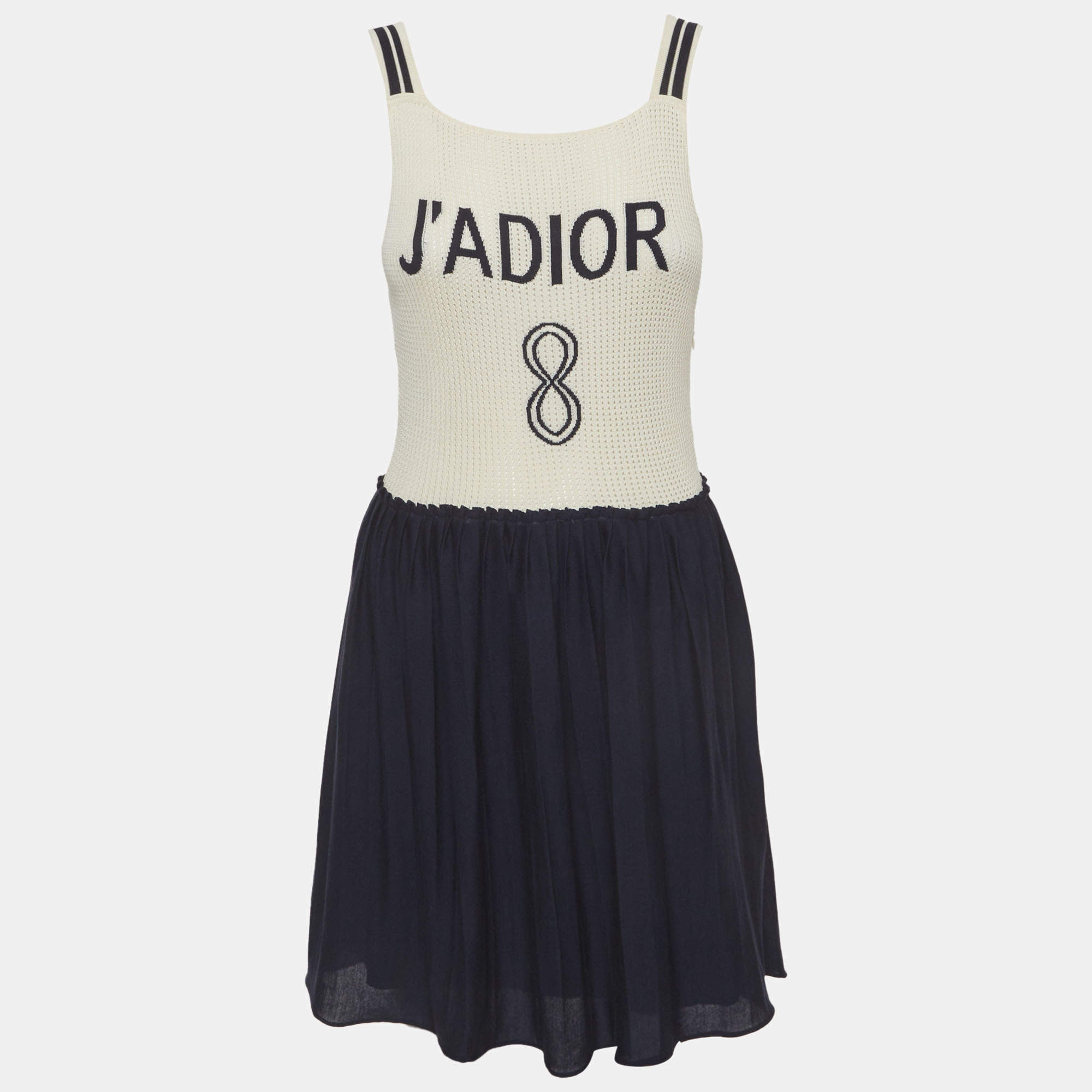 Pre Owned Christian Dior Cream/ Navy Blue J'Adior Knit Mini Dress M