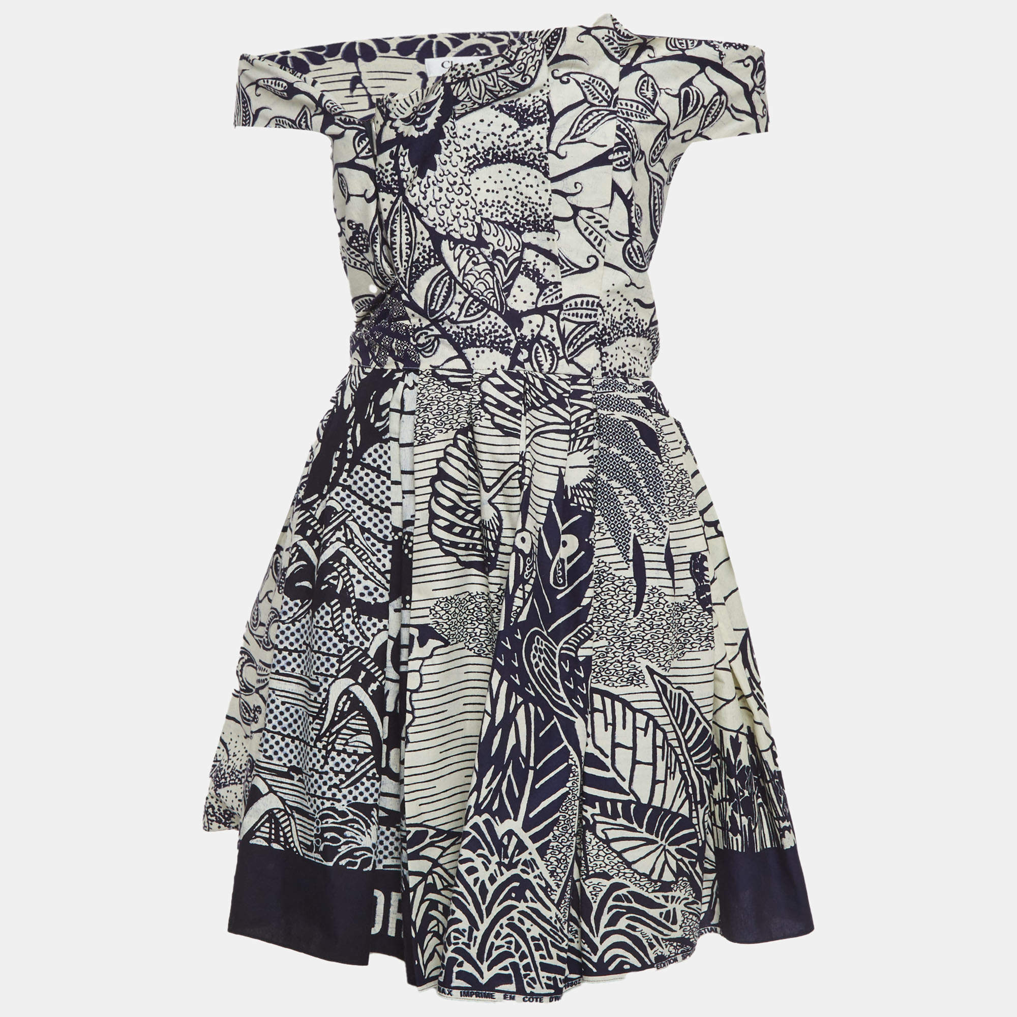 Pre Owned Dior Navy Blue/Off White Cotton Off Shoulder La Roue De La Fortune Dress M