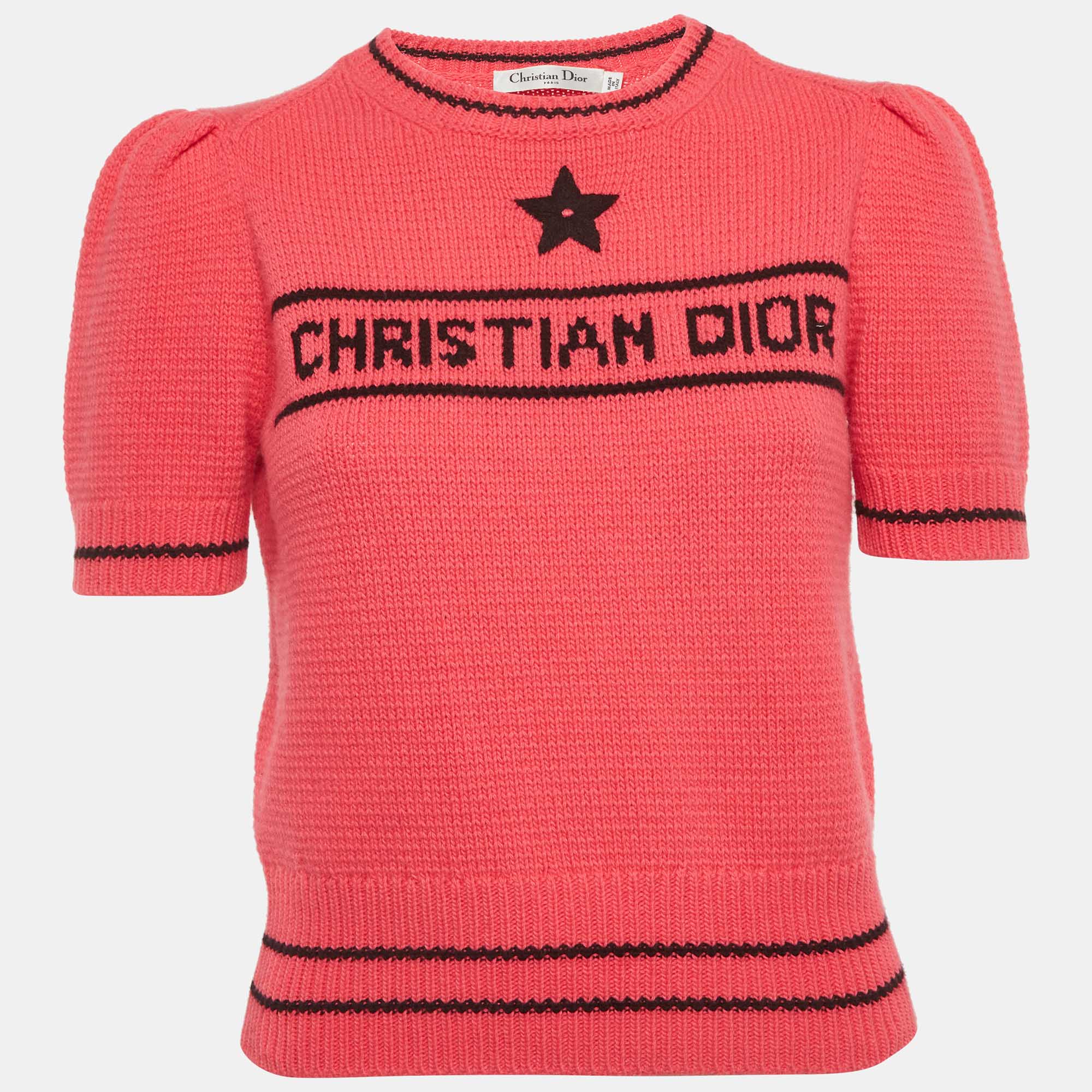 Pre Owned Christian Dior Pink Logo Intarsia Knit Top S