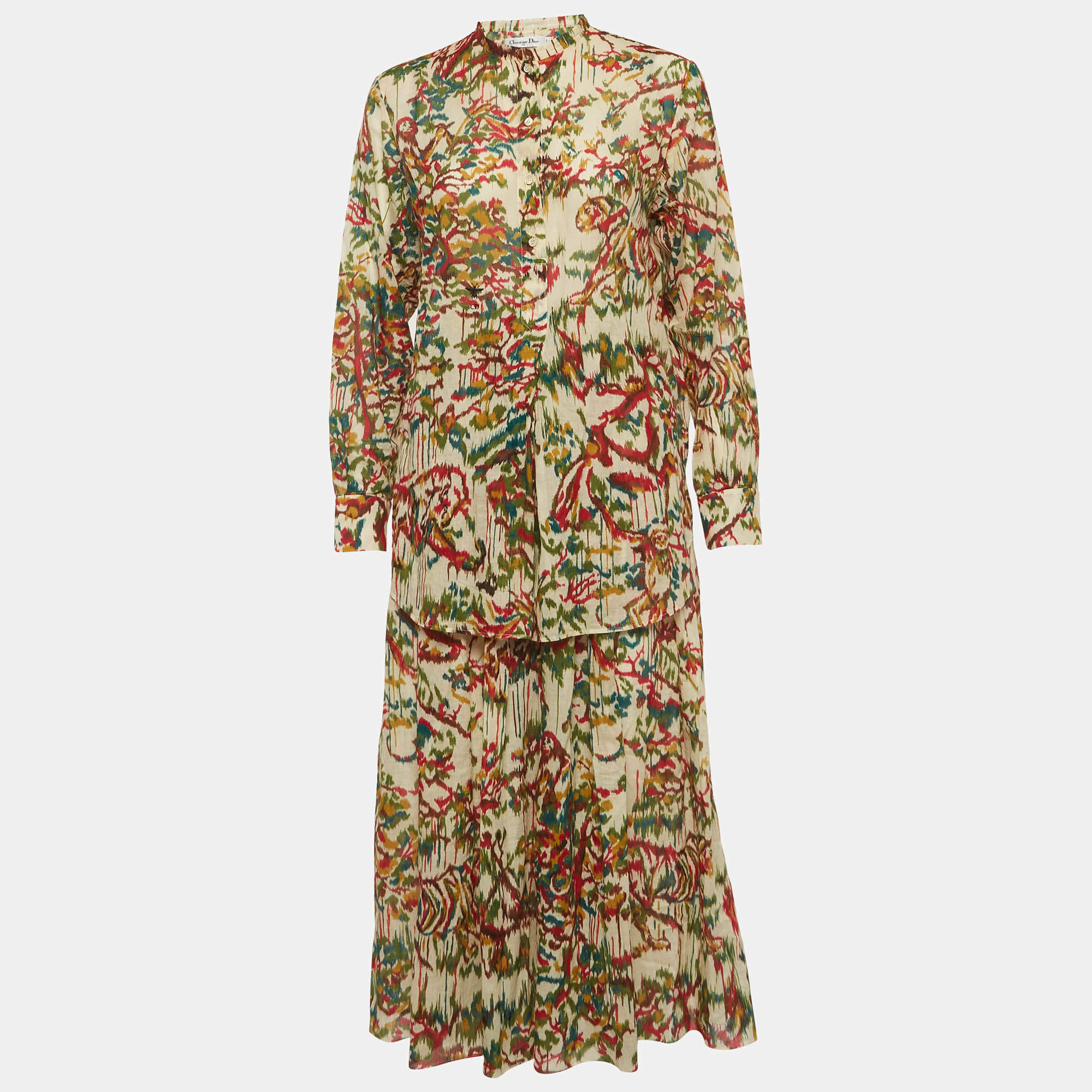 Pre Owned Dior Multicolour Floral Print Cotton Shirt and Midi Skirt Suit M