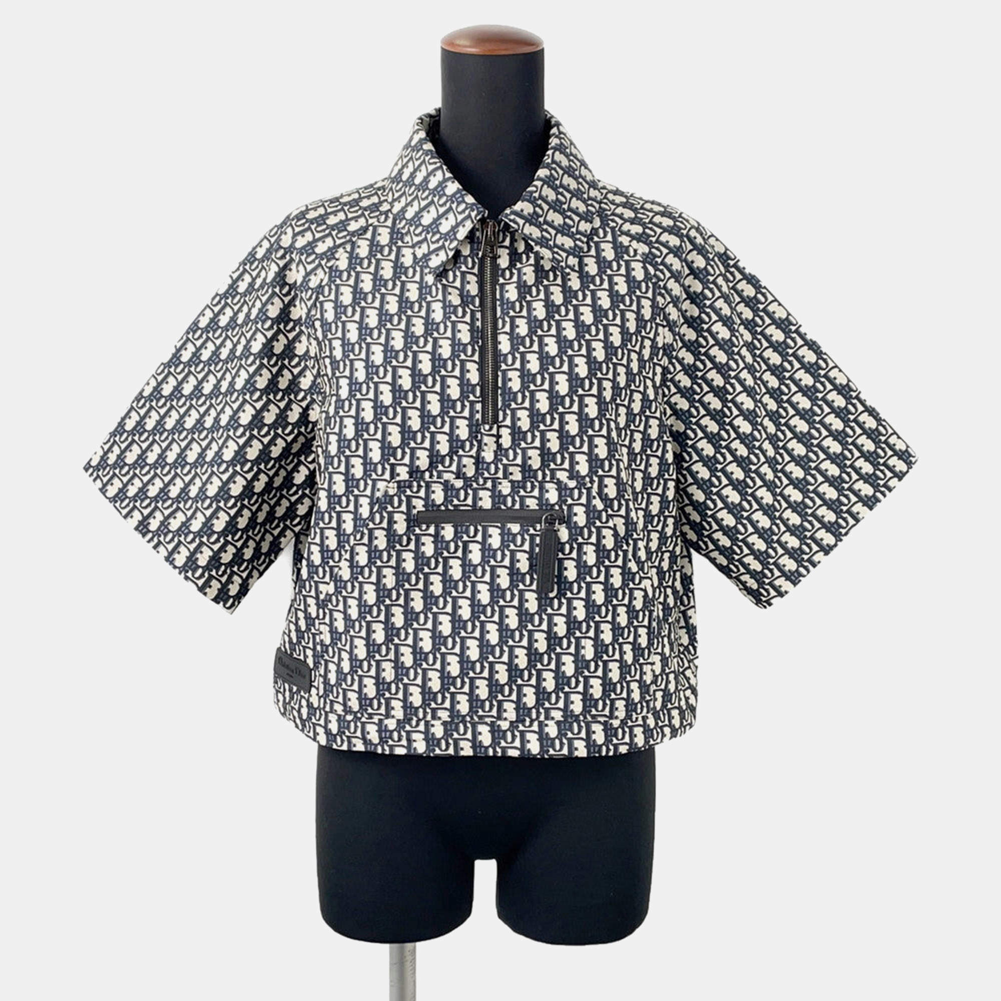 Pre Owned Dior Oblique Technical Taffeta Jacquard Short Sleeve Anorak Size 36 Blue/Ecru Polyester