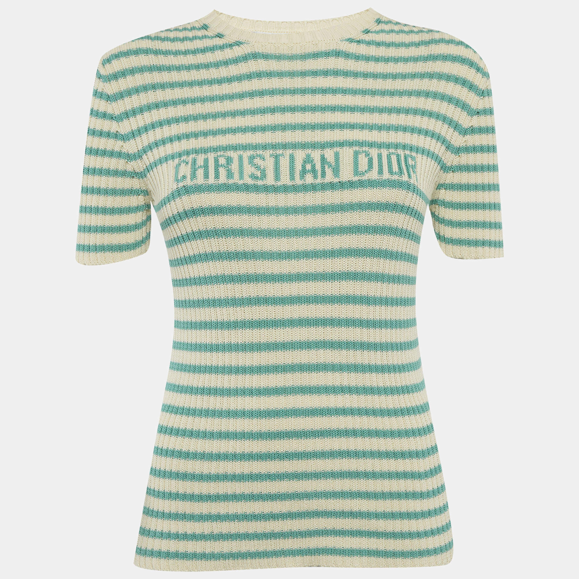 مملوكة مسبقًا Christian Dior White/Green Striped Rib Knit Pullover M