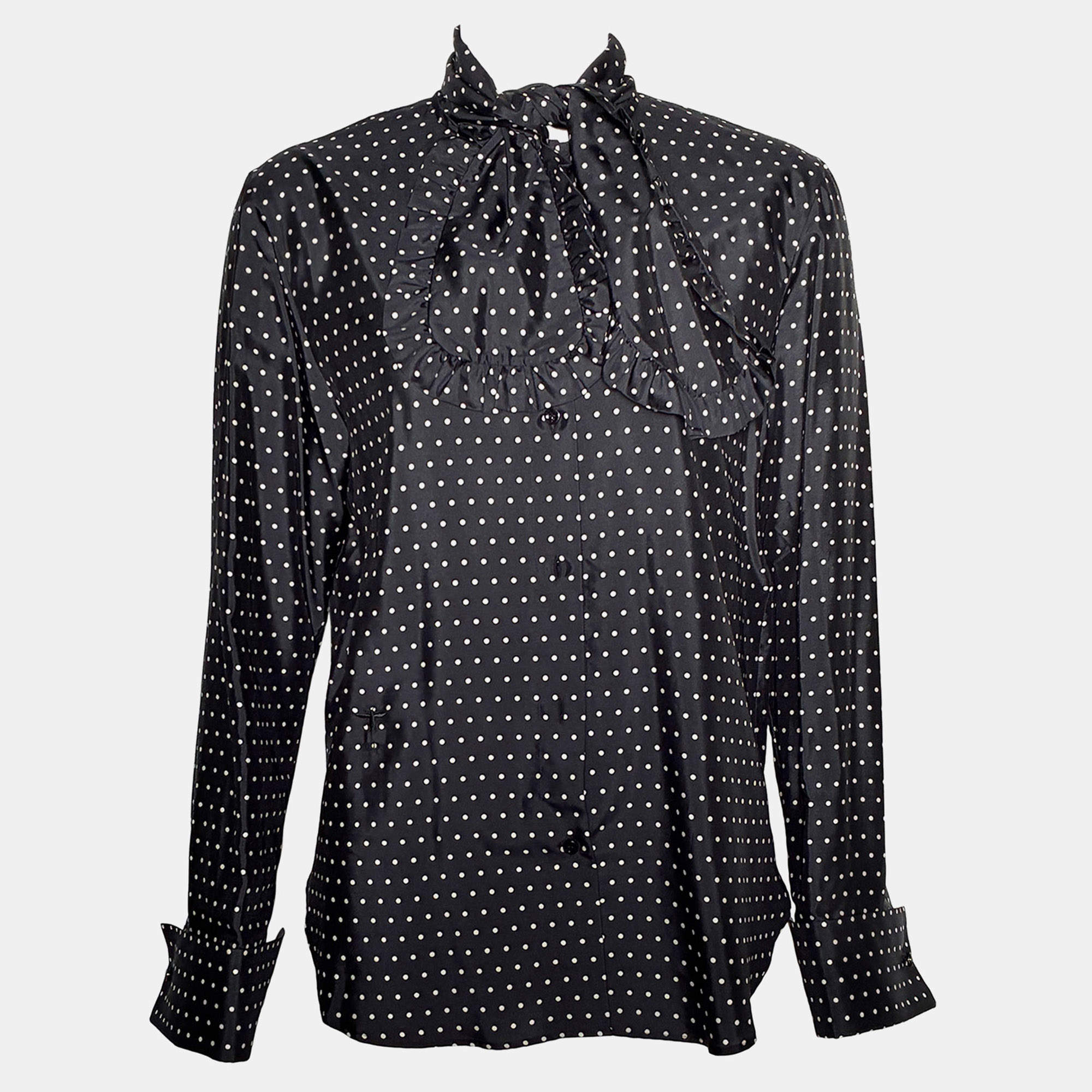 Pre Owned Dior Black Silk Polkadot Blouse S