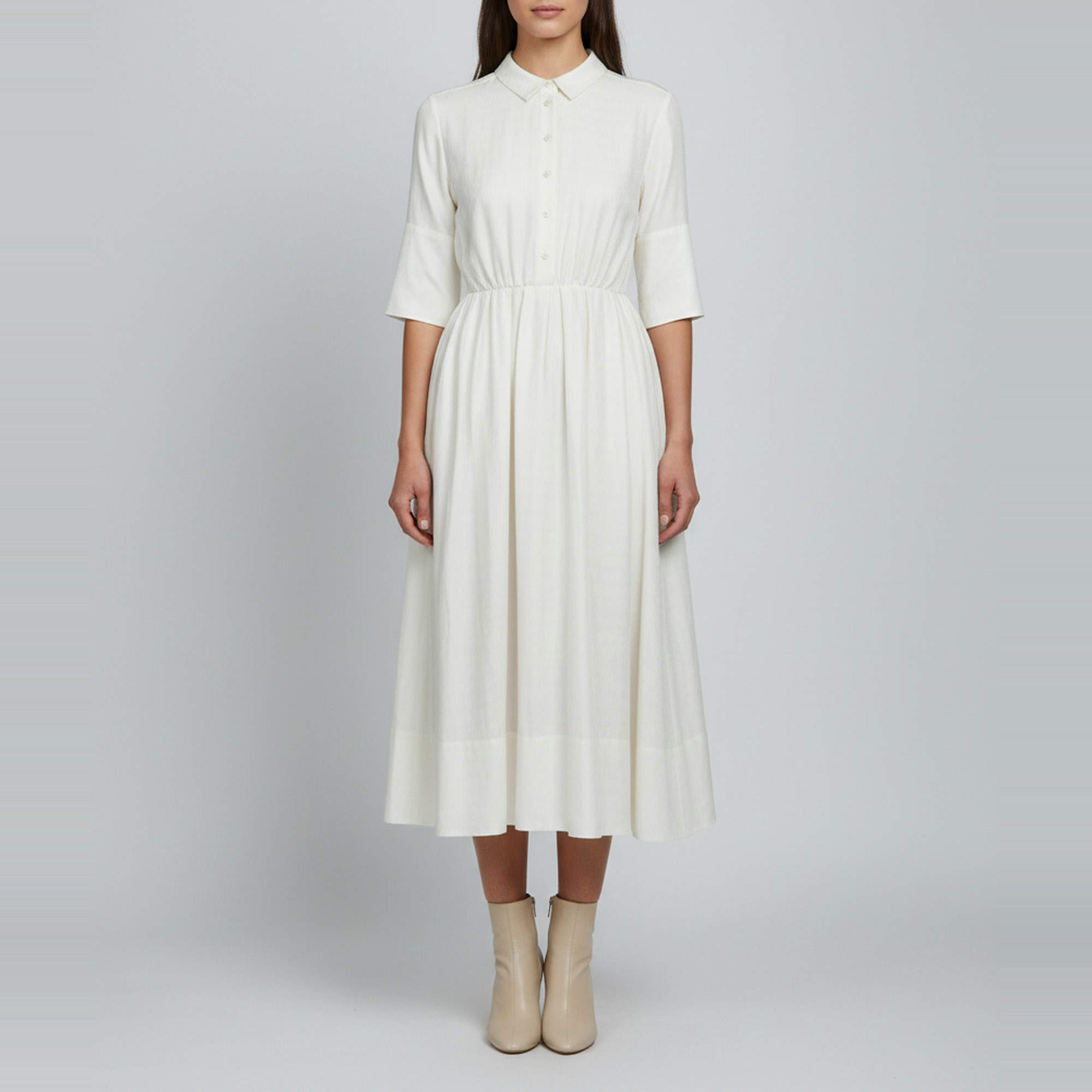 Pre Owned Christian Dior Cream Textured Silk Pleated Midi Shirt Dress S