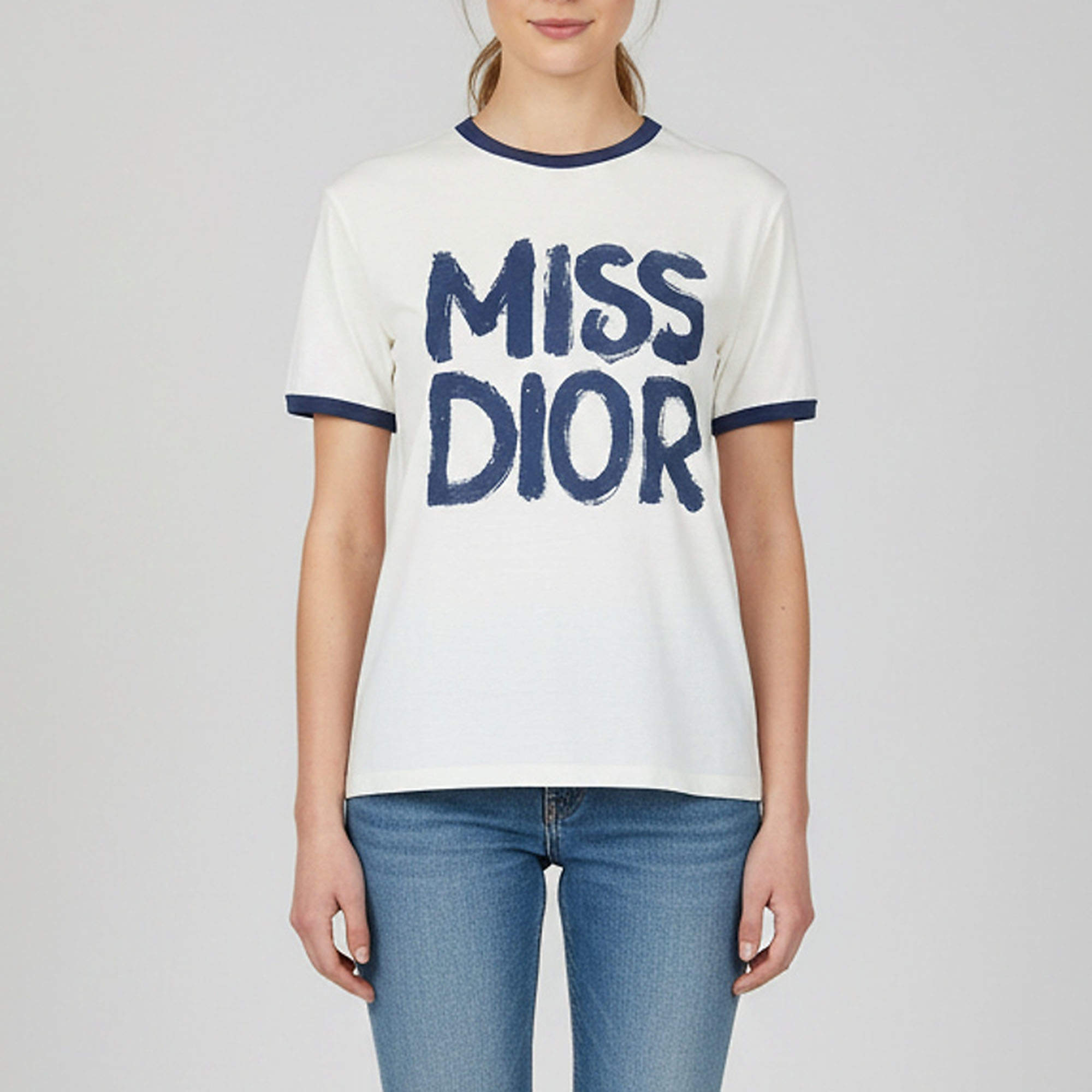 مملوكة مسبقًا Christian Dior White/Blue Miss Dior Print Cotton & Linen T-Shirt L