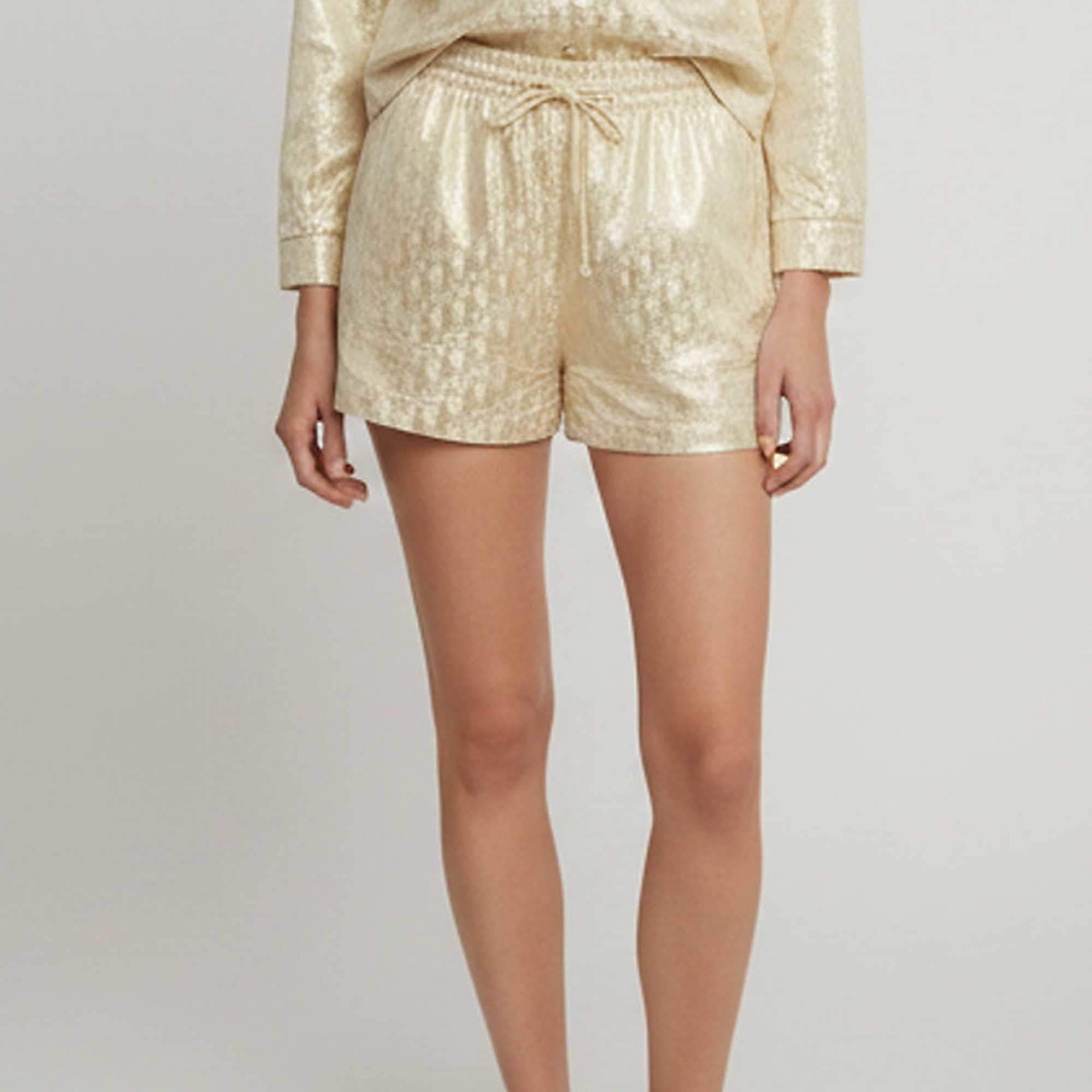Pre Owned Christian Dior Gold/White Metallic Oblique Jacquard Silk Blend Shorts S