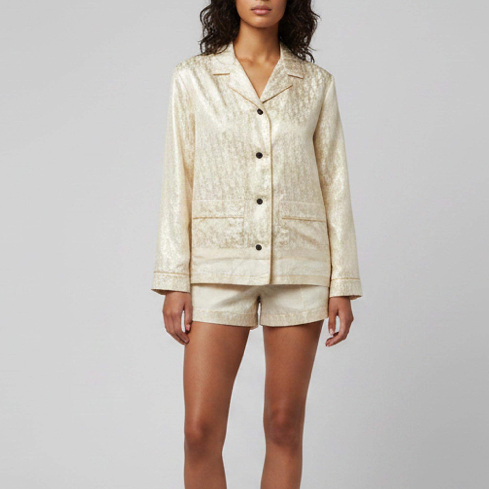 Pre Owned Christian Dior Gold/White Metallic Oblique Jacquard Pajama Shirt XS