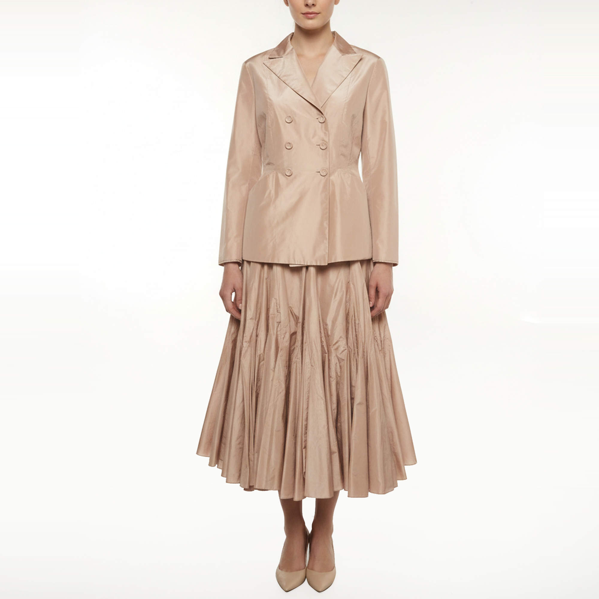 Pre Owned Christian Dior Beige Silk Full Godet Panel Skirt & Blazer Set L