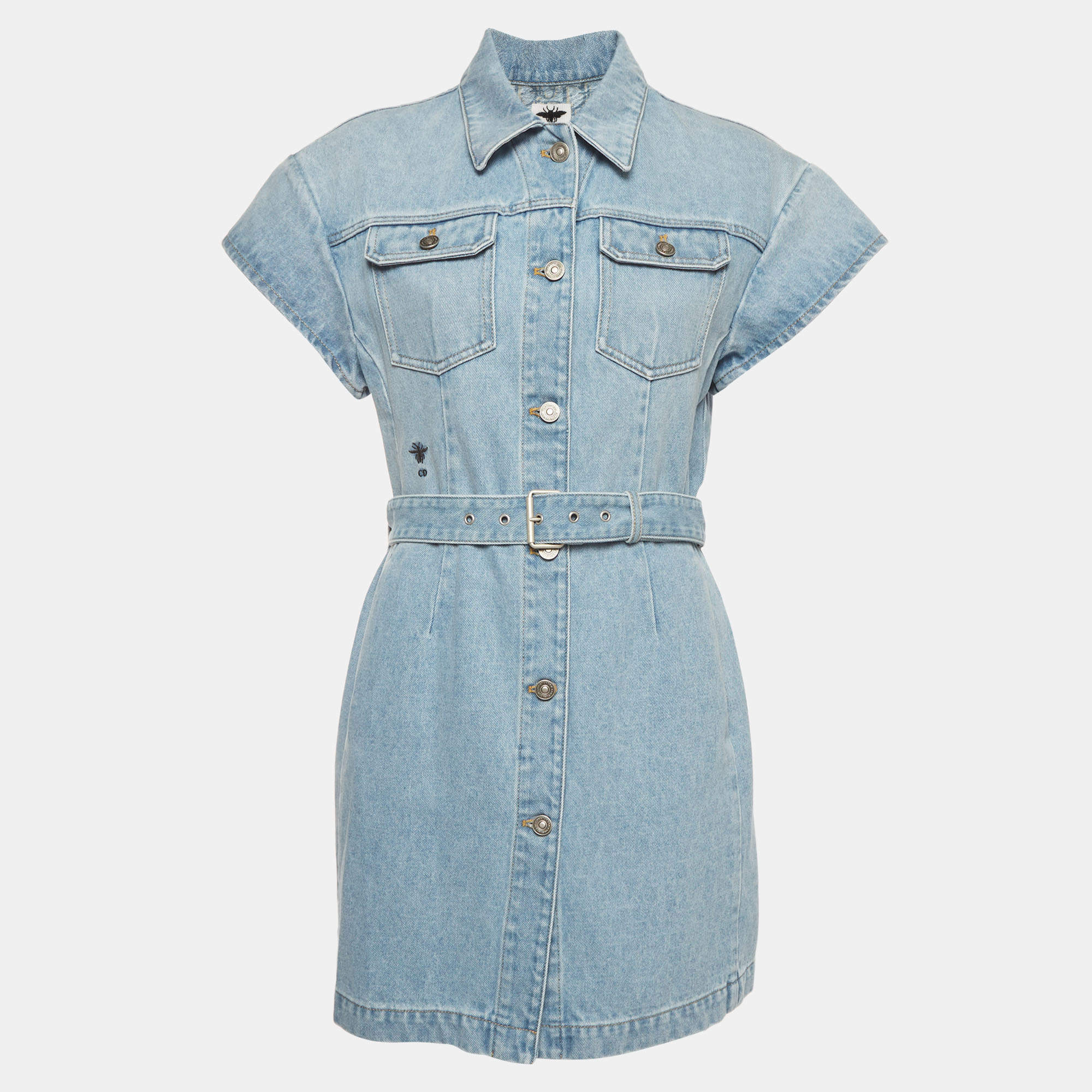 Pre Owned Christian Dior Blue Logo Embroidered Denim Shirt Dress L