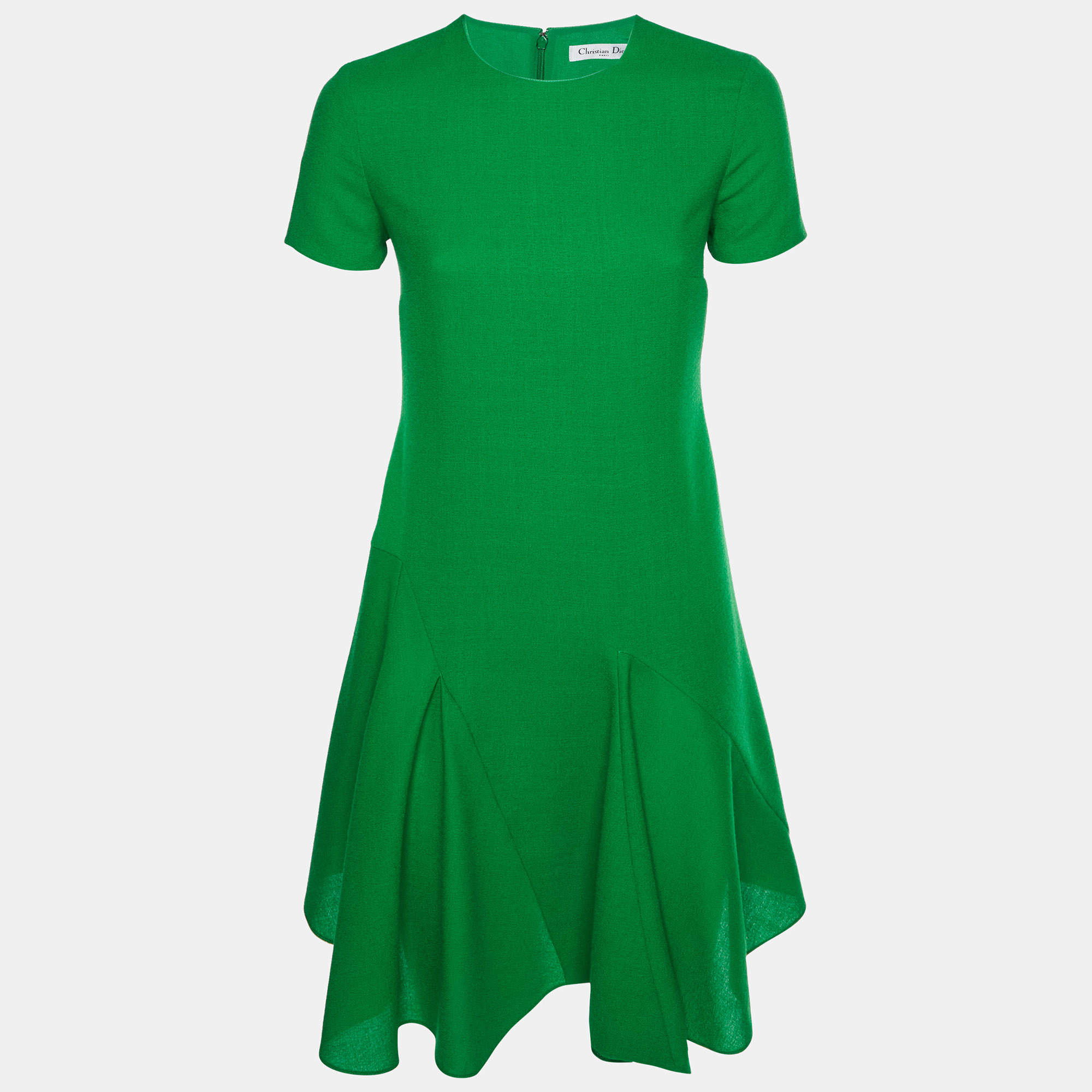 Pre Owned Christian Dior Green Wool Asymmetric Mini Dress M