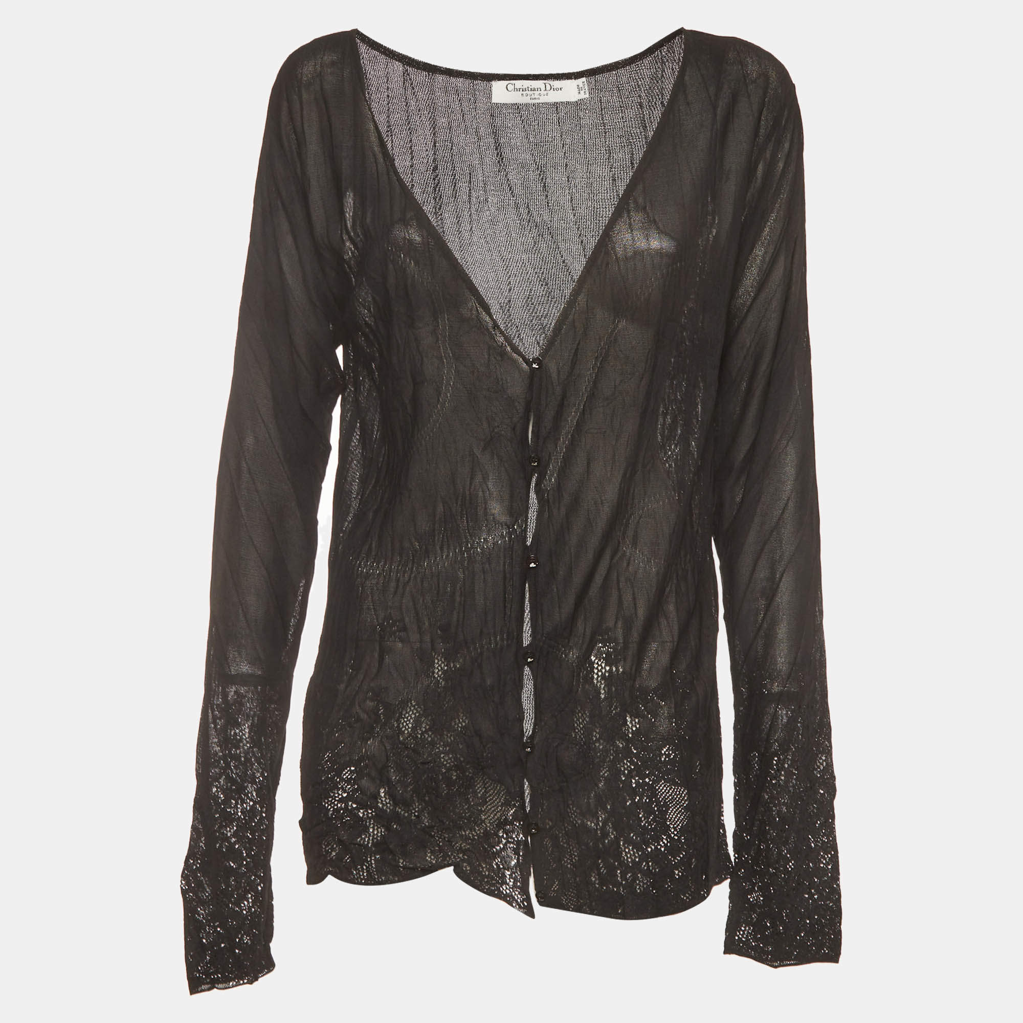 Pre Owned Christian Dior Boutique Black Crinkled Knit Sheer Cardigan S