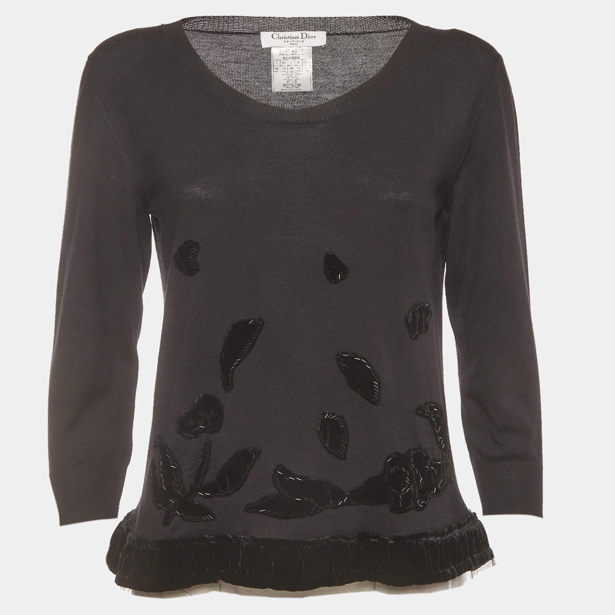 Pre Owned Christian Dior Vintage Black Wool Blend Velvet Trim Top L