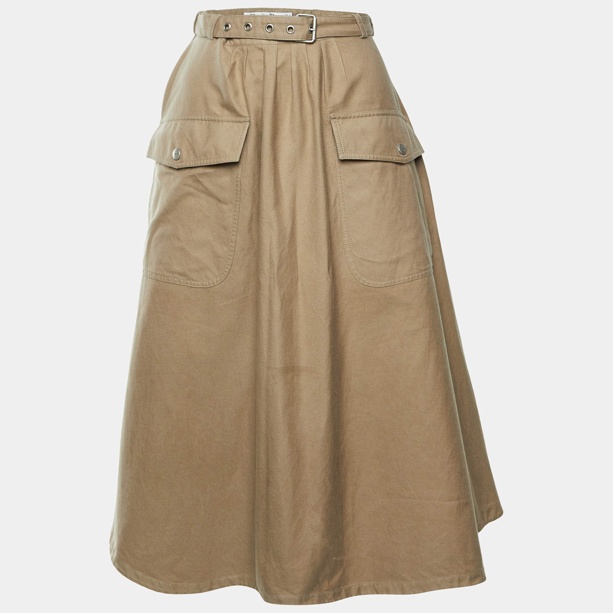Pre Owned Dior Brown Cotton Belted Midi Skirt L