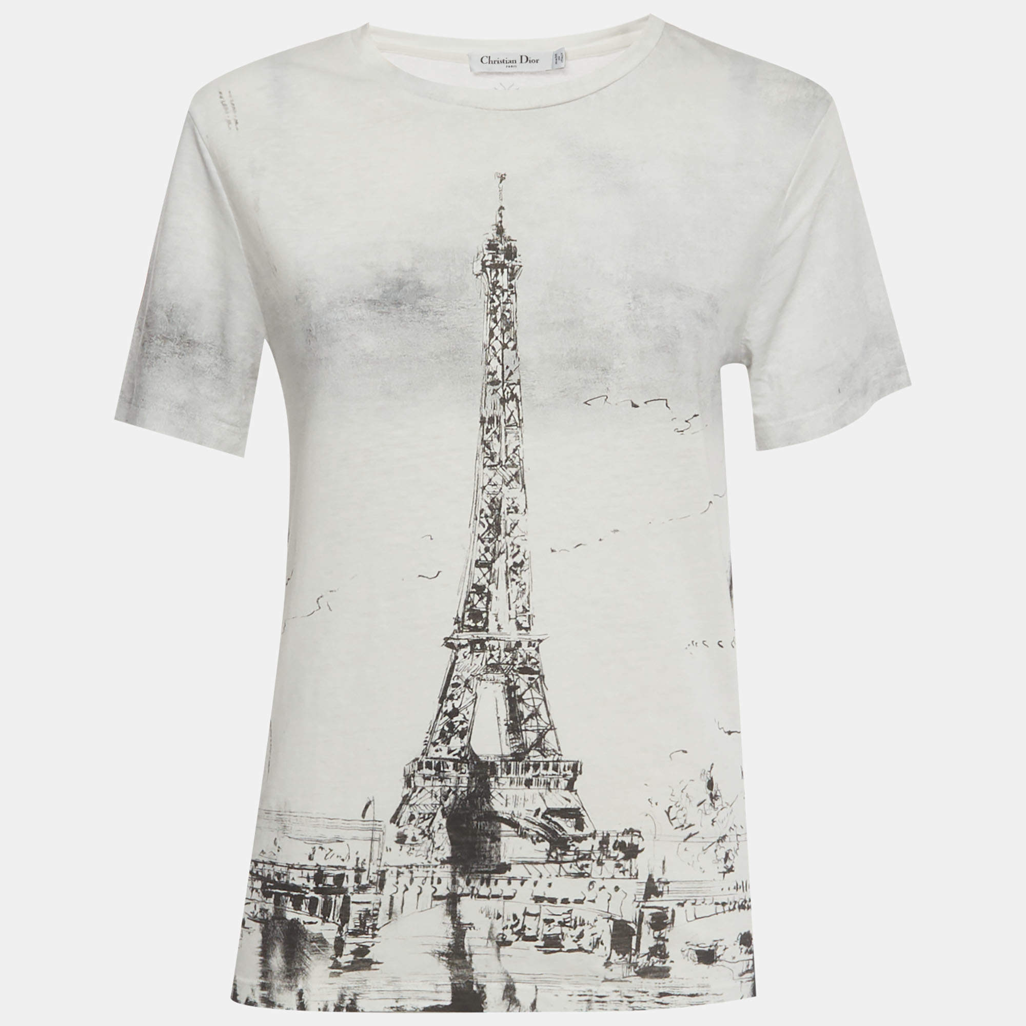 Pre Owned Christian Dior Monochrome Eiffel Tower Print Jersey T-Shirt XS