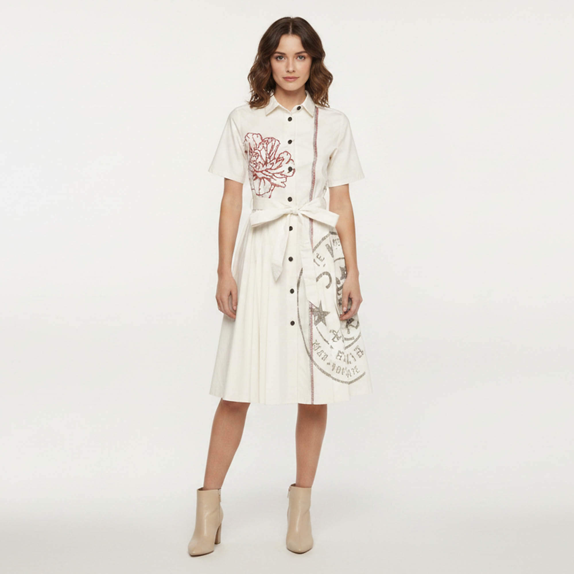 Pre Owned Christian Dior White Printed Cotton Blend Button Front Pleated Midi Dress S