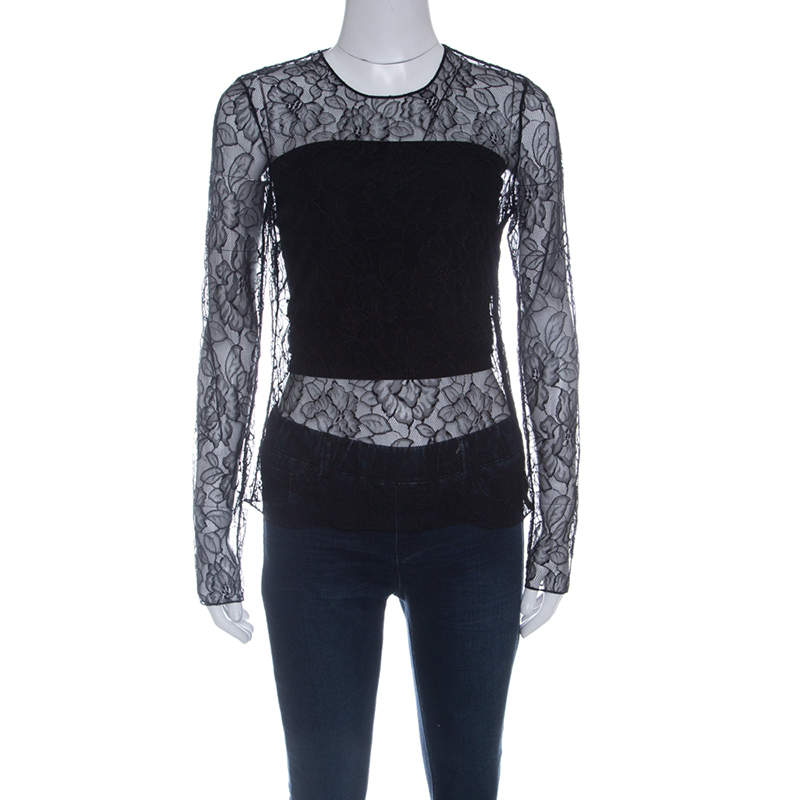 Pre Owned Dior Black Floral Lace Long Sleeve Top M