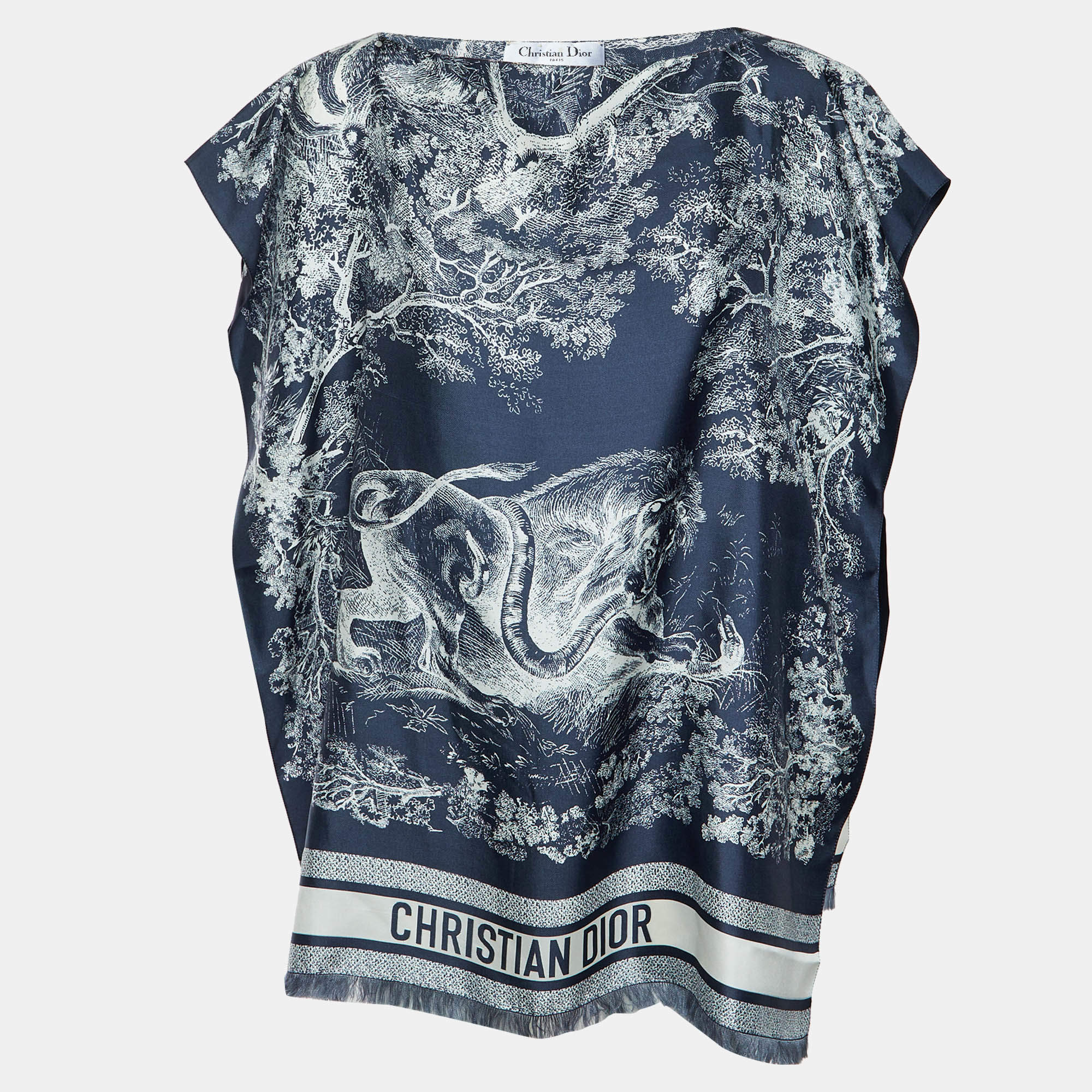 مملوكة مسبقًا Dior Navy Blue Toile de Jouy Sauvage Silk Poncho Top One Size