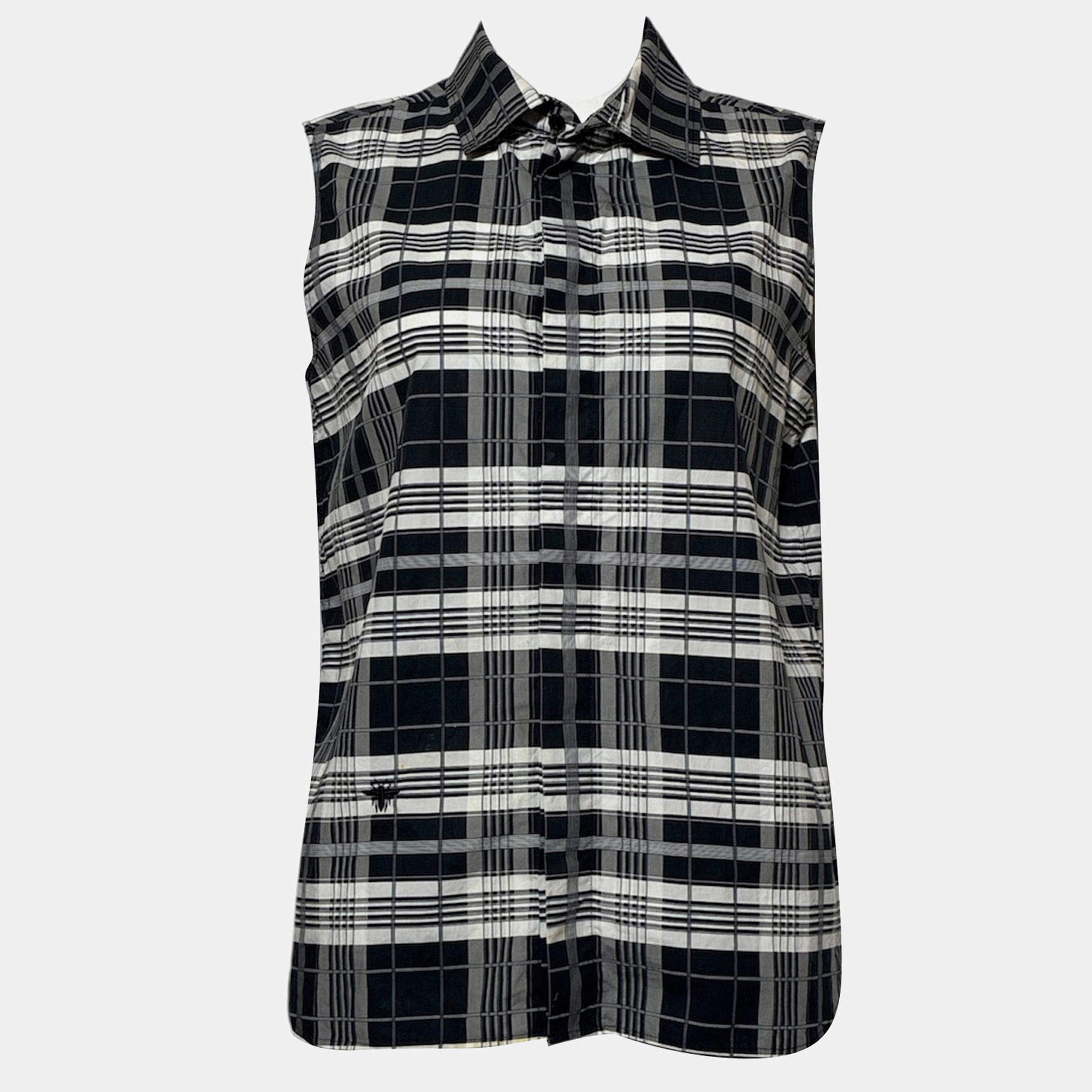 Pre Owned Dior Navy and White Plaid Collar Sleeveless Top M