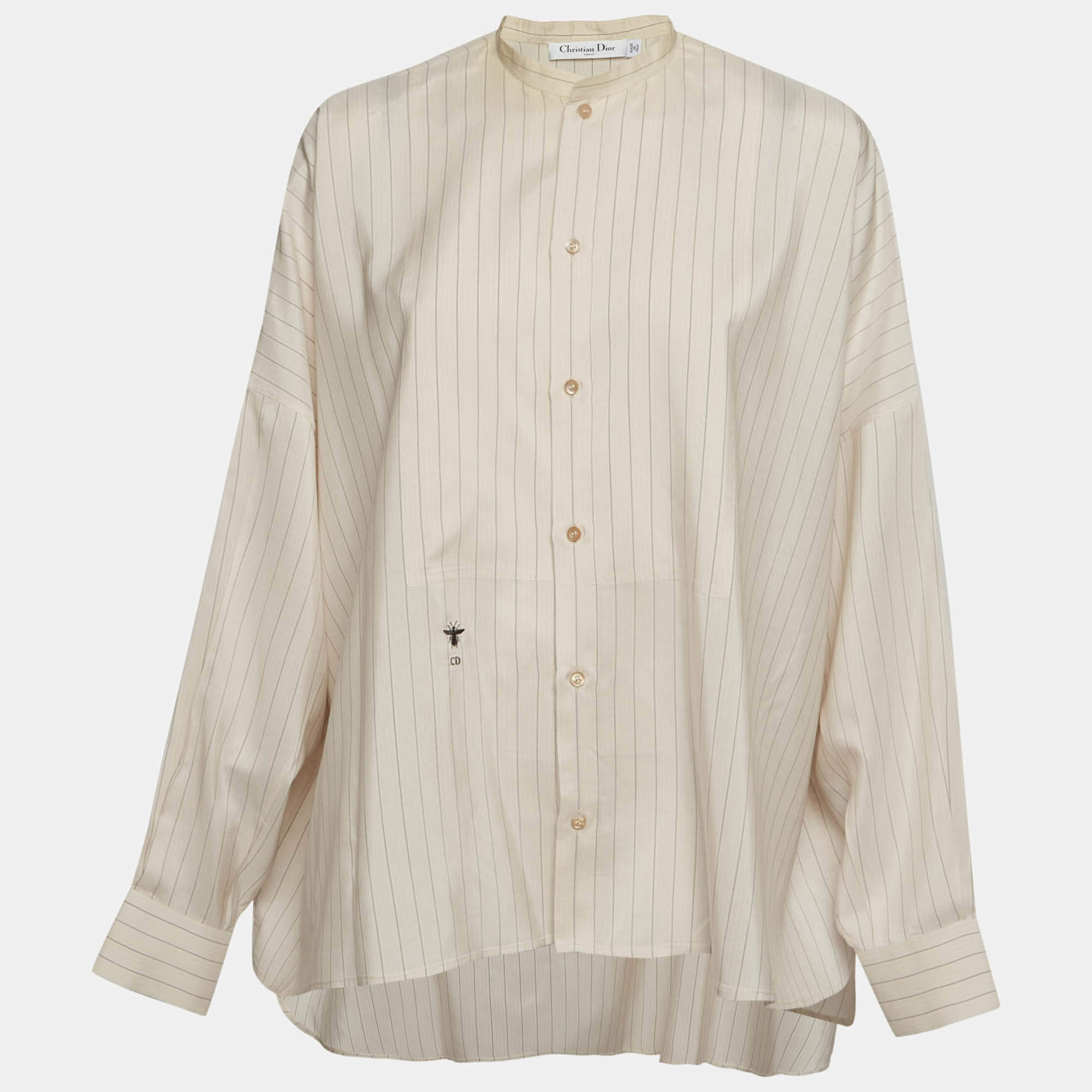 Pre Owned Christian Dior Beige Stripe Silk Bee Logo Embroidered Oversized Shirt S