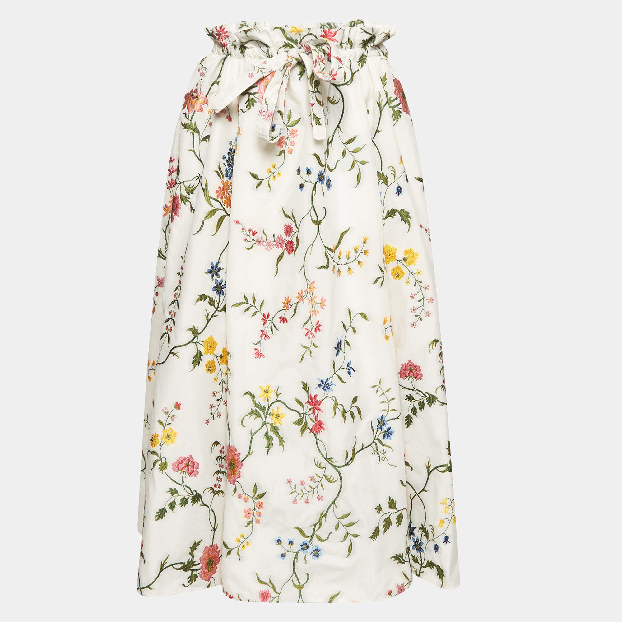 Pre Owned Christian Dior White Multicolored Floral Pattern Cotton Flared Midi Skirt M