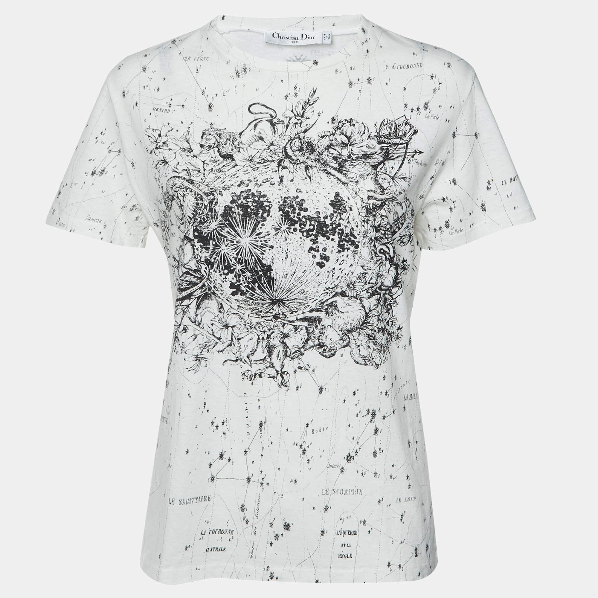 Pre Owned Dior White Zodiac Constellation Print Cotton & Linen Crew Neck T-Shirt M