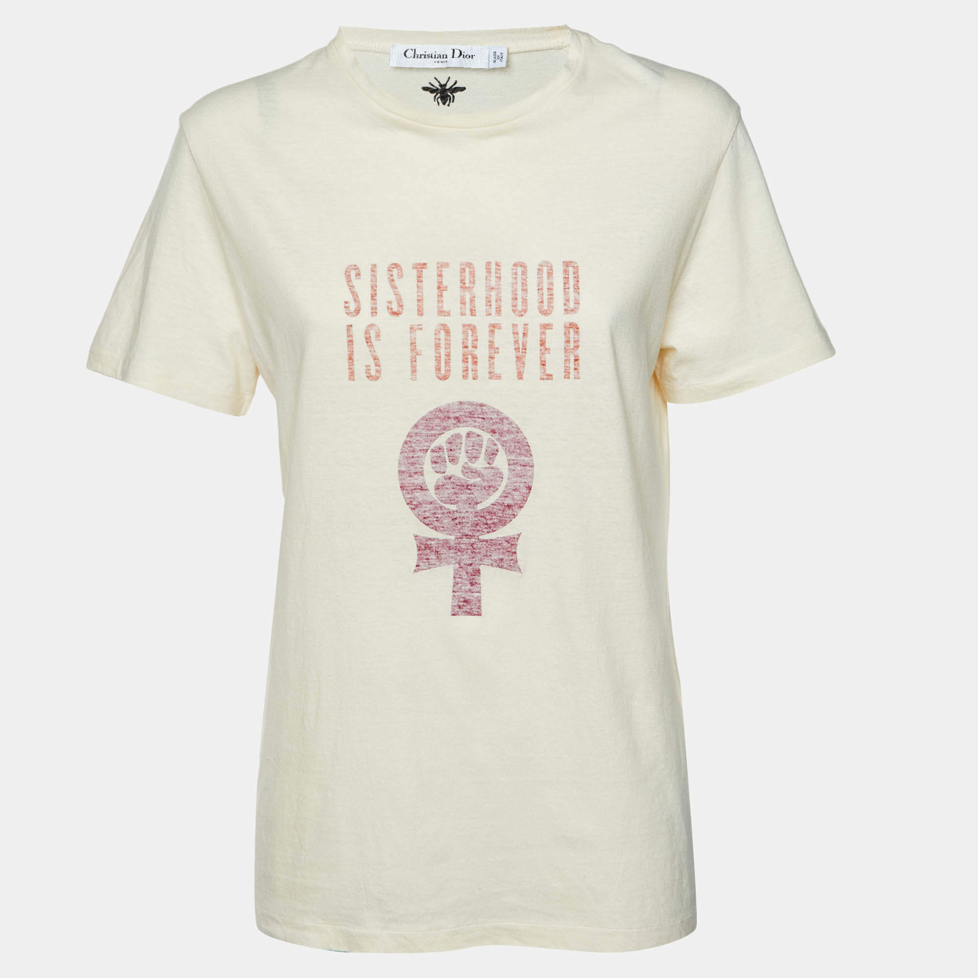 Pre Owned Dior Cream Sisterhood Is Forever Print Cotton & Linen T-Shirt L