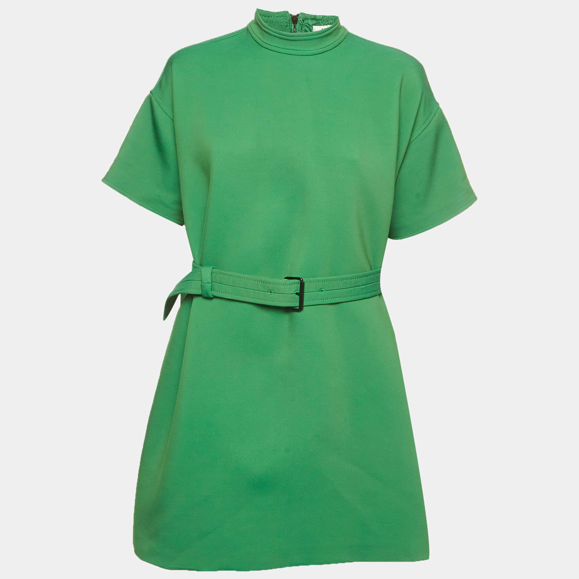 Pre Owned Christian Dior Green Neoprene Green Mock Neck A-line Belted Dress M 