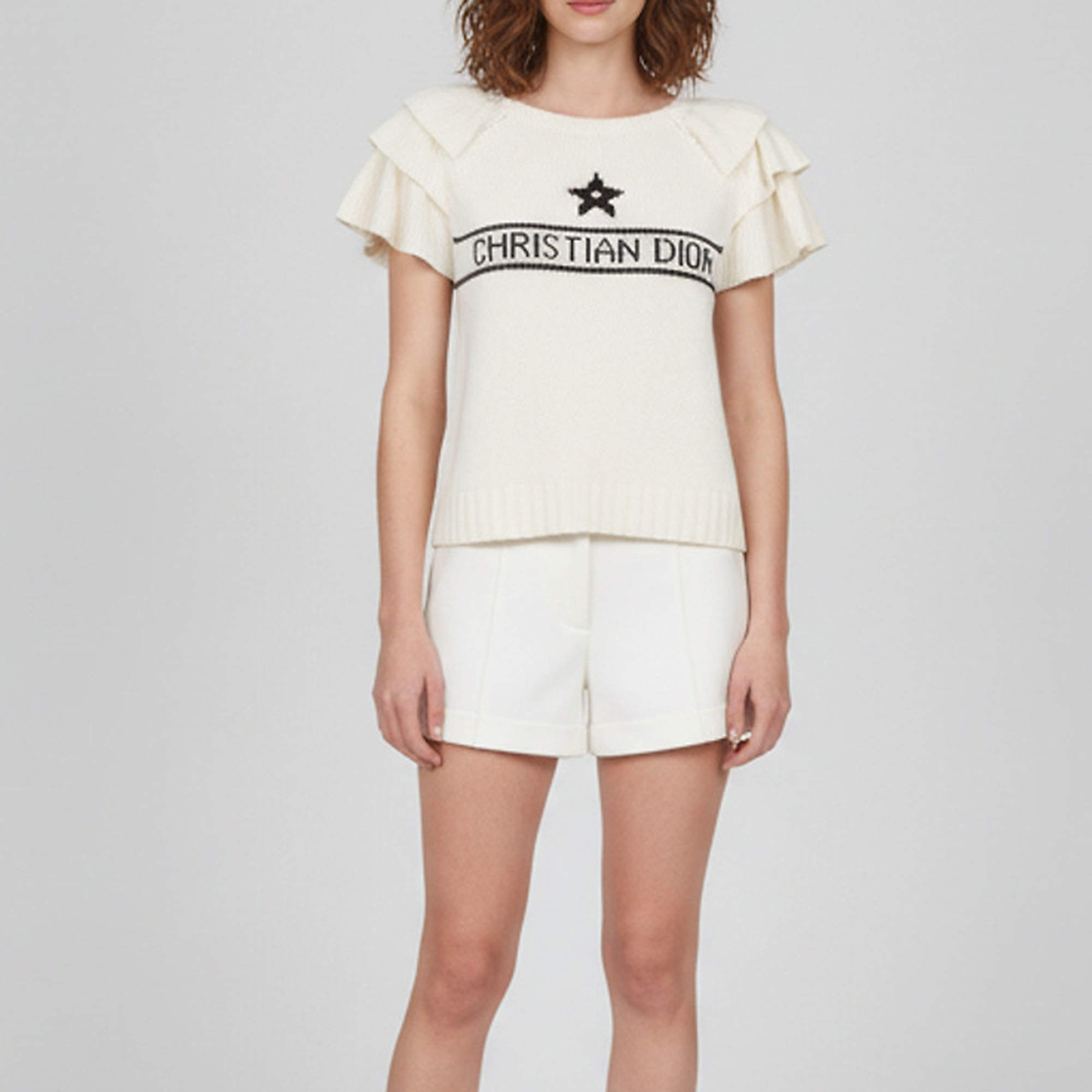 Pre Owned Christian Dior White Signature Cashmere Knit Ruffled Top M