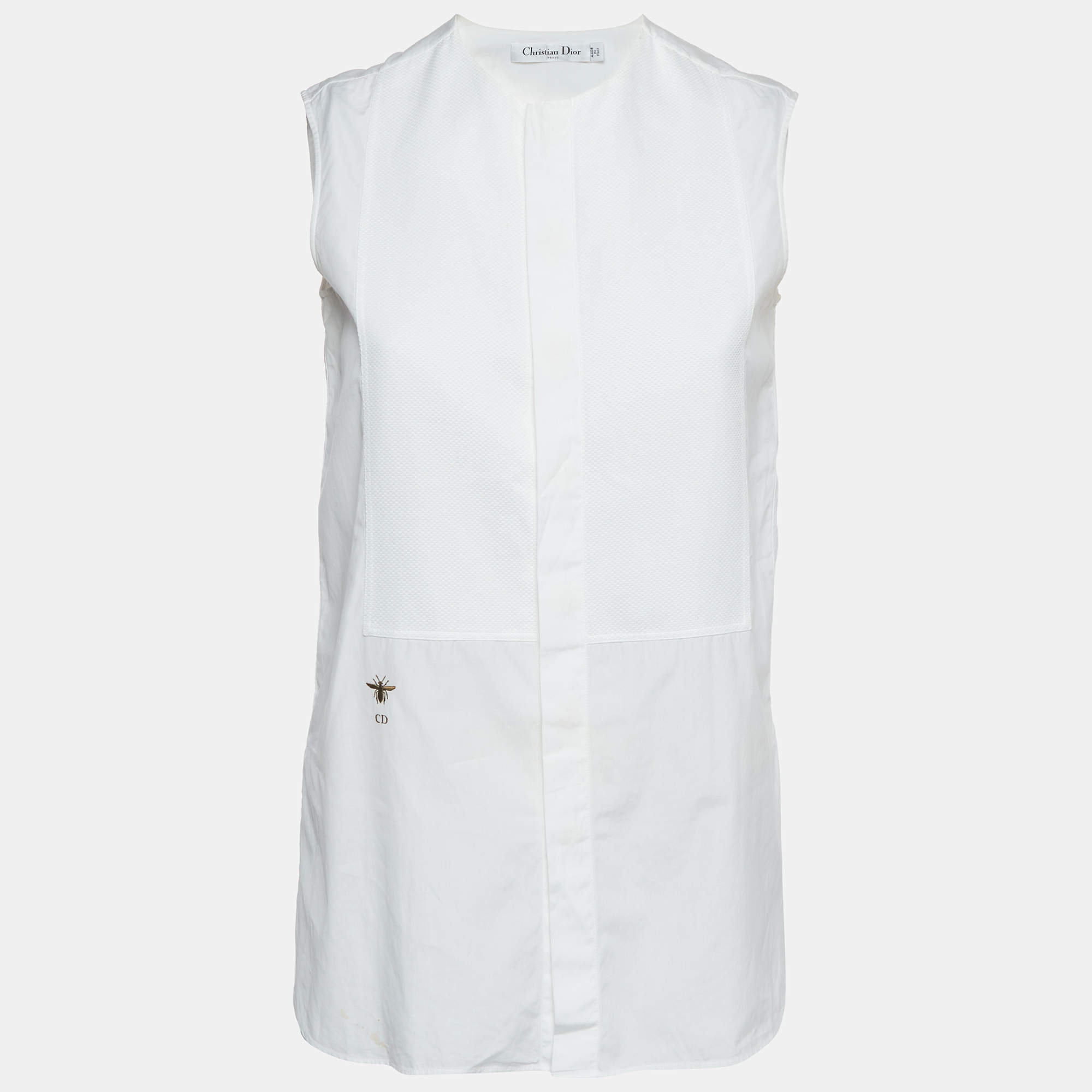Pre Owned Christian Dior White Embroidered Bee Plastron Poplin Sleeveless Top S