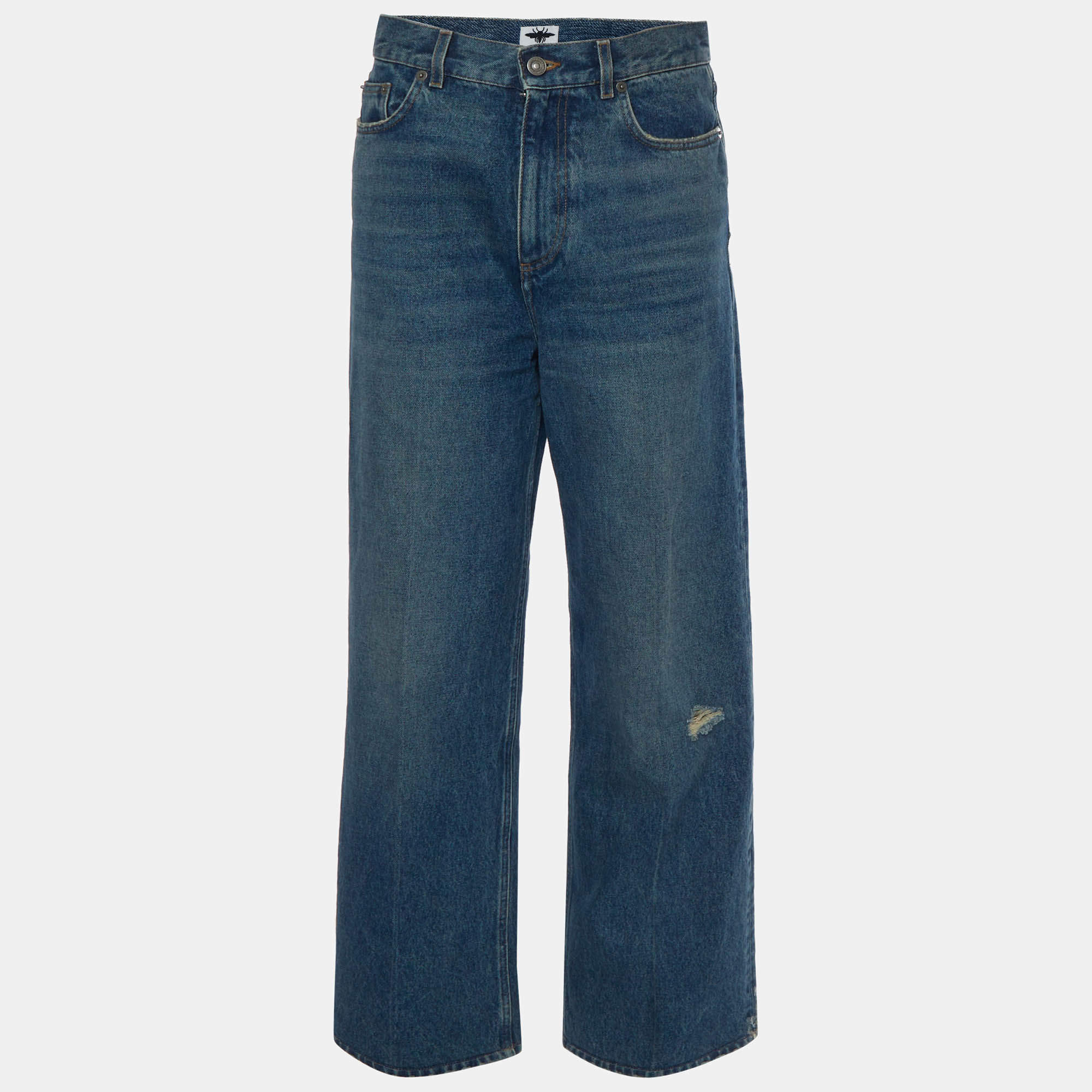 مملوكة مسبقًا Christian Dior Blue Distressed Denim Wide-Leg Jeans S/Waist 30"