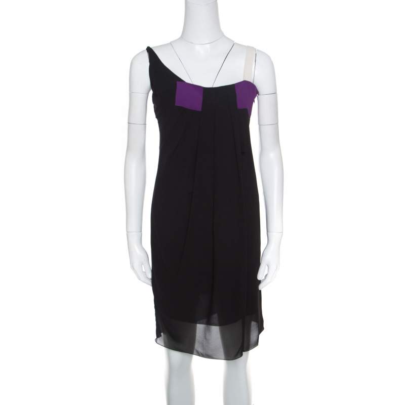 Pre Owned Dior Black Colorblock Silk Draped Front Sleevless Dress M