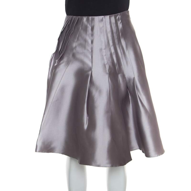Pre Owned Dior Grey Silk Satin Pleated High Waist Skirt M