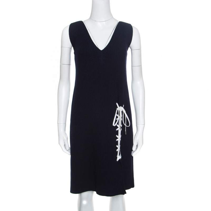 Pre Owned Dior Navy Blue Ribbed Wool Lace Tie Up Detail Sleeveless Dress L