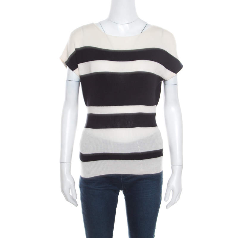 Christian Dior Monochrome Striped Slit Back Detail Tapered Waist Sweater Top M