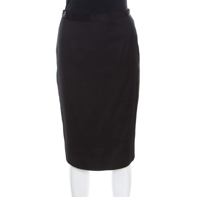 Pre Owned Christian Dior Black Textured Woven Cotton Pencil Skirt M