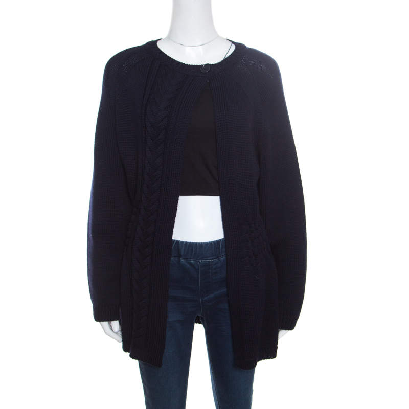 Dior Navy Blue Chunky Cable knit Open Front Cardigan M