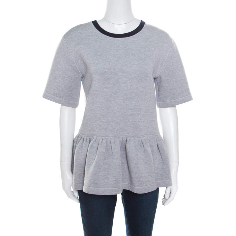 Dior Grey Knit Contrast Ribbed Neck Peplum Top S