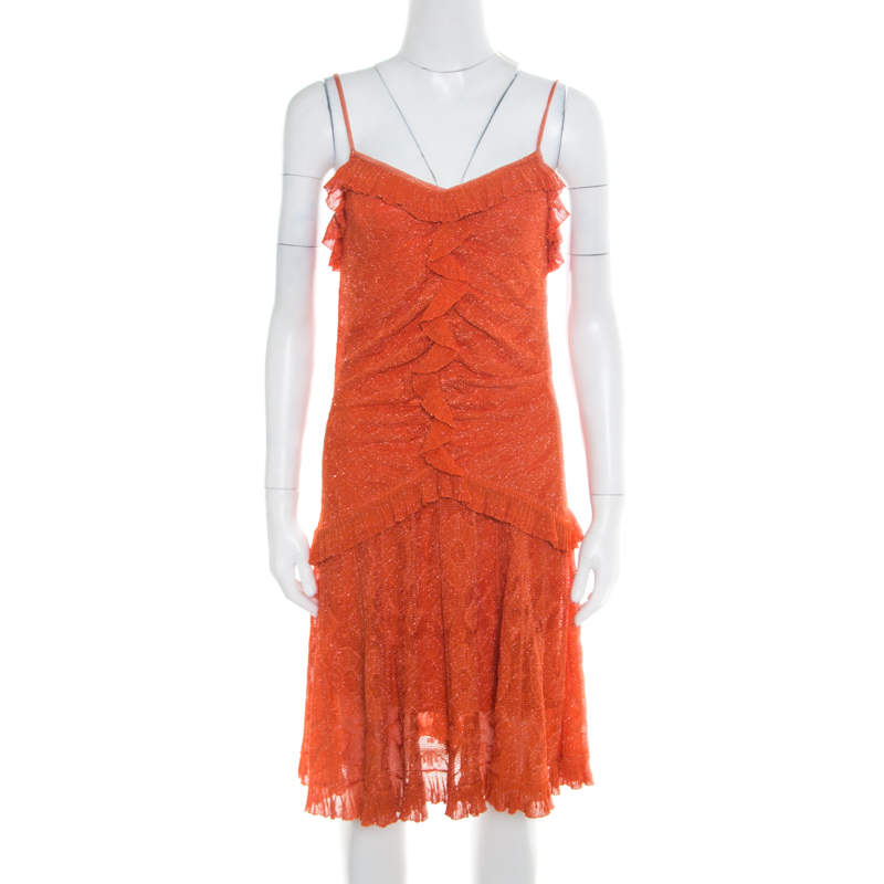 Pre Owned Dior Orange Perforated Lurex Knit Ruffled Sleeveless Dress L