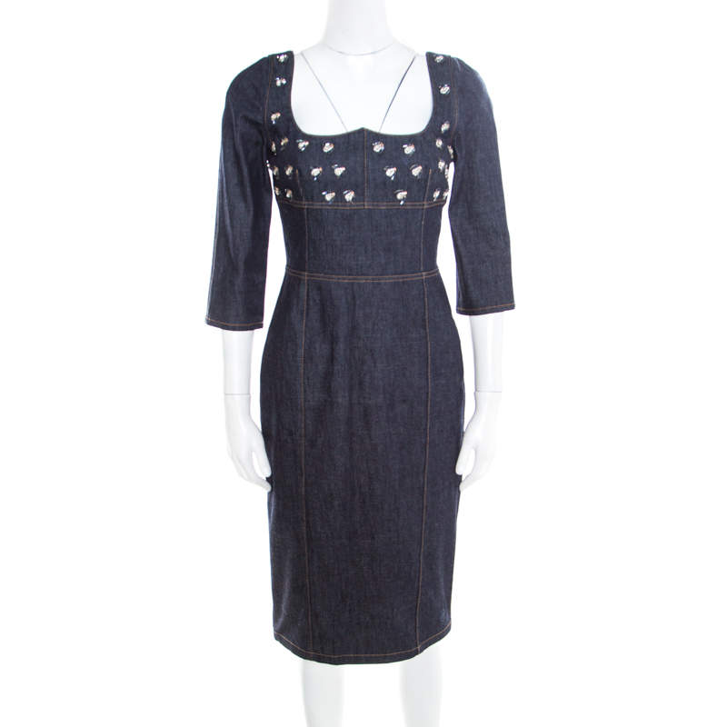 Pre Owned Dior Indigo Dark Wash Denim Bee Embellished Back Tie Detail Dress M