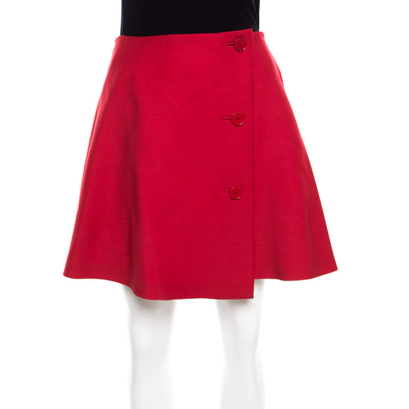 Pre Owned Dior Red Wool Pleated Wrap Mini Skirt S