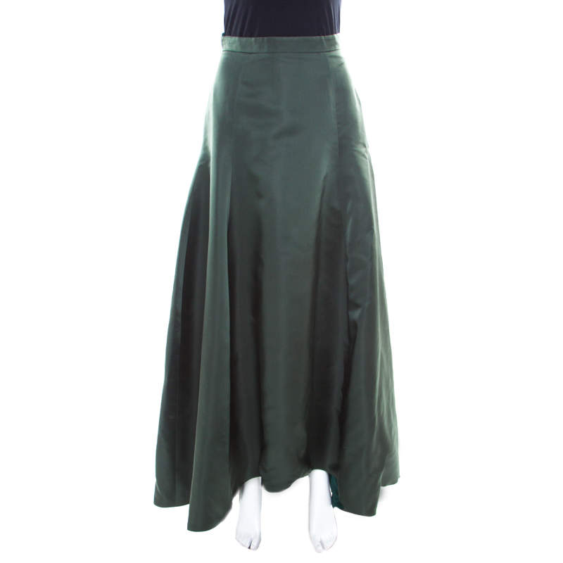 Pre Owned Dior Bottle Green Silk Satin Flared High Waist Maxi Skirt S