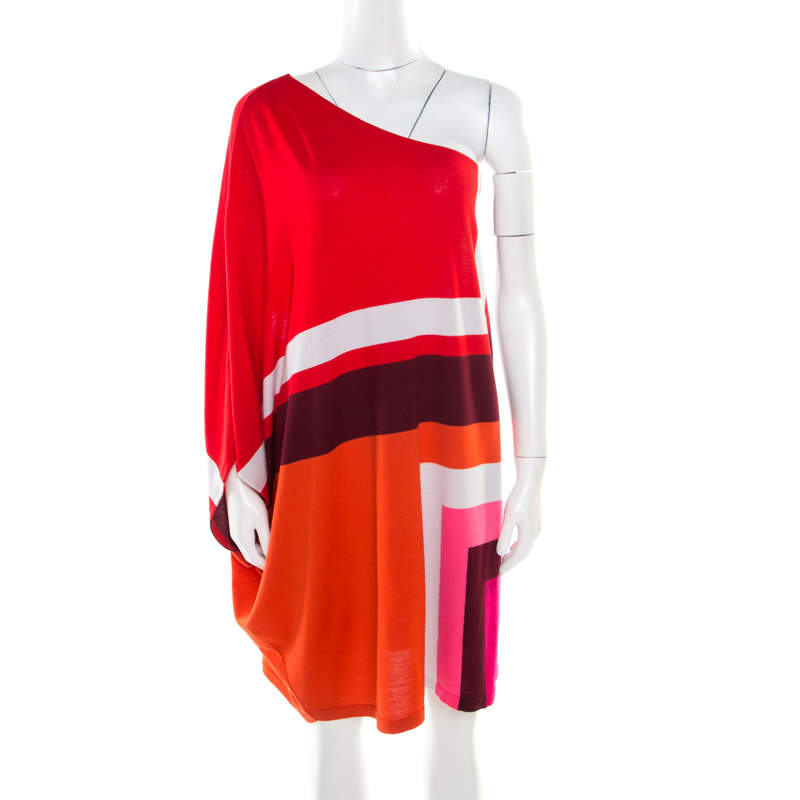 Dior Multicolor Geometric Pattern Wool One Shoulder Mini Dress S
