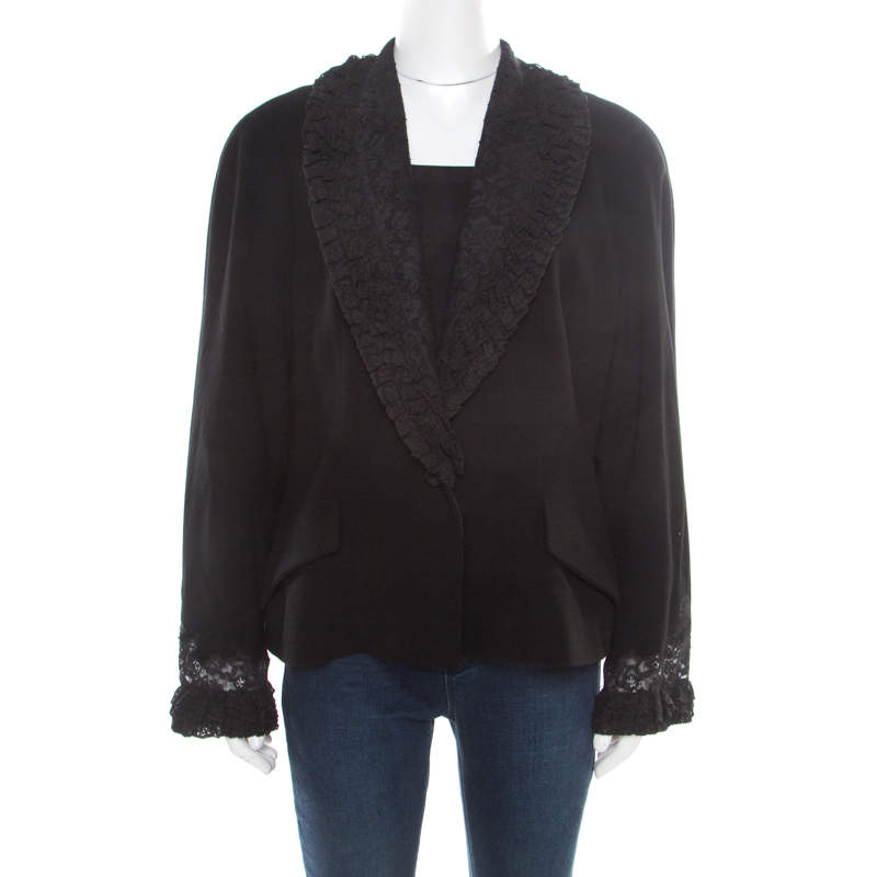Pre Owned Dior Boutique Black Wool Ruffled Lace Collar and Cuff Detail Jacket XL