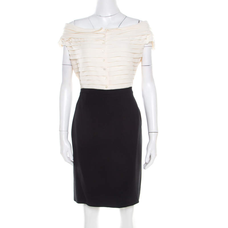 Pre Owned Christian Dior Bicolor Pleated Silk Bodice Off Shoulder Pencil Dress L