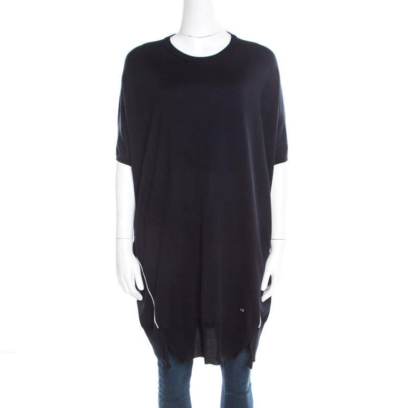 Dior Navy Blue Wool and Silk  Knit Contrast Piping Detail Oversized Tunic M