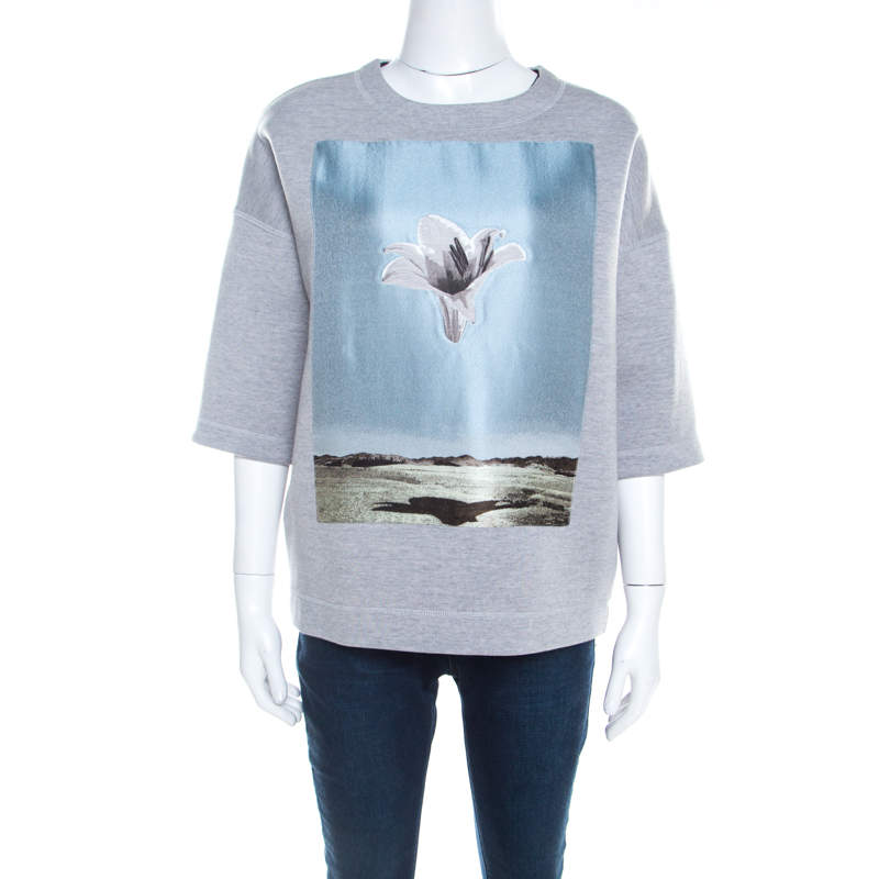 Pre Owned Dior Grey Neoprene Floral Embroidered Short Sleeve Oversized Jumper S 